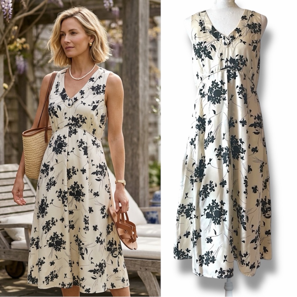 Rare 2005 Ginny H Silk Floral Midi Dress Size 4 Ivory Black Limited Run Boutique